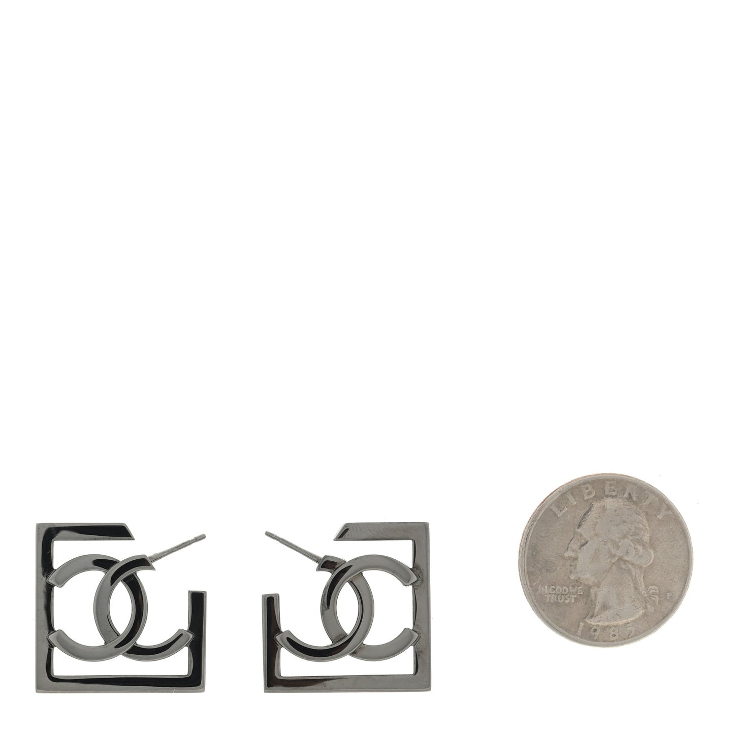 Metal Square Cutout CC Hoop Earrings Ruthenium