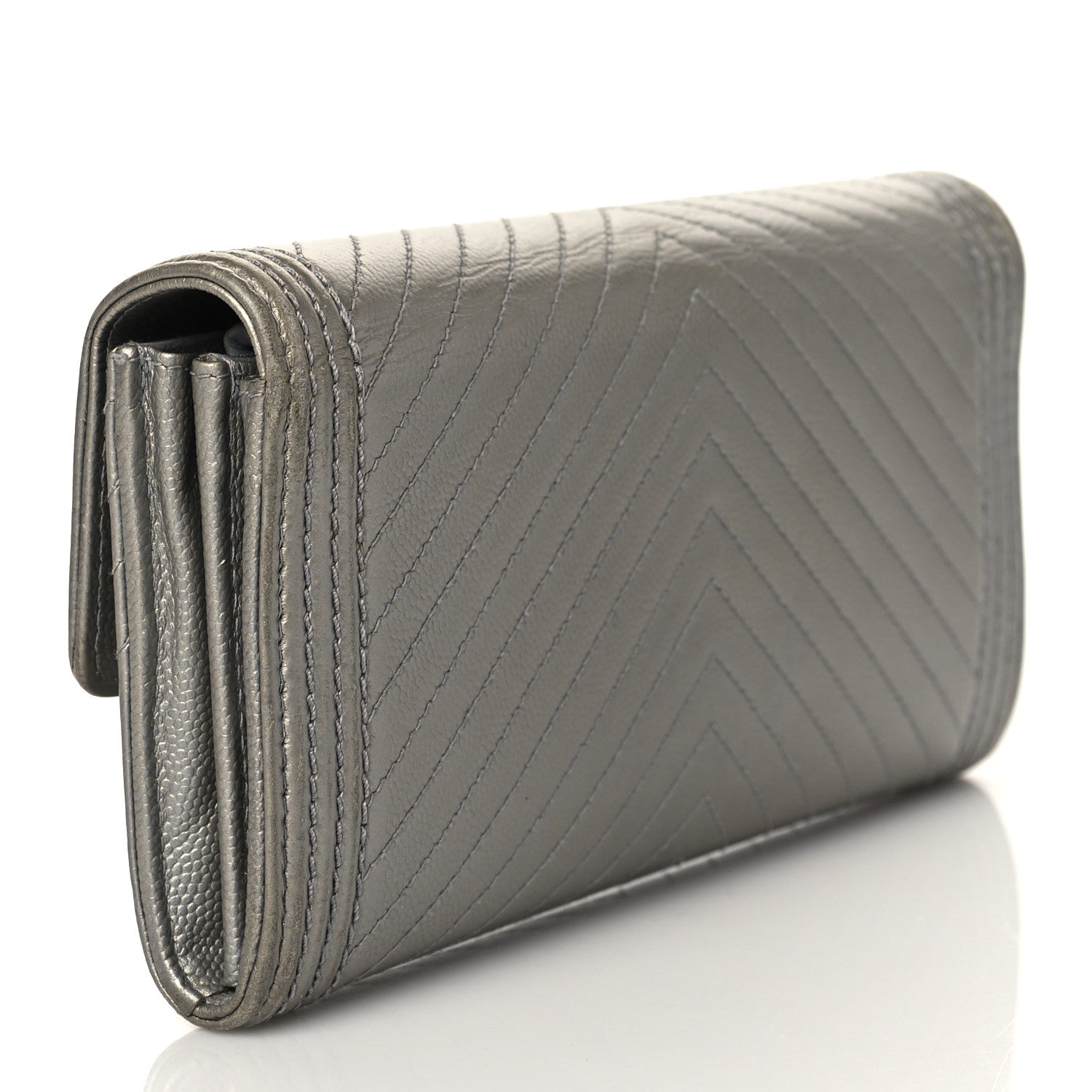 Chanel Metallic Caviar Chevron Quilted Large Boy Gusset Flap Wallet Silver 3 of 8