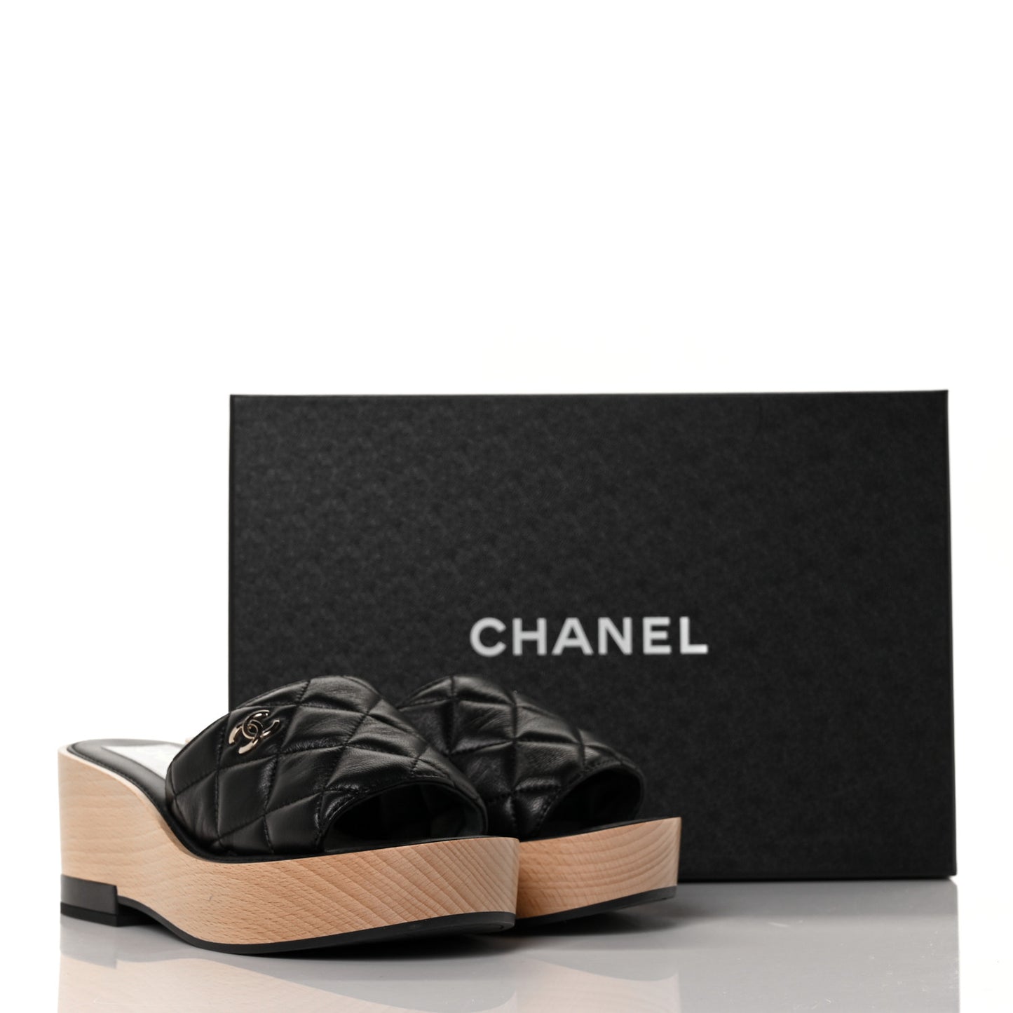 Lambskin Quilted CC Slip On Platform Sandals 35 Black
