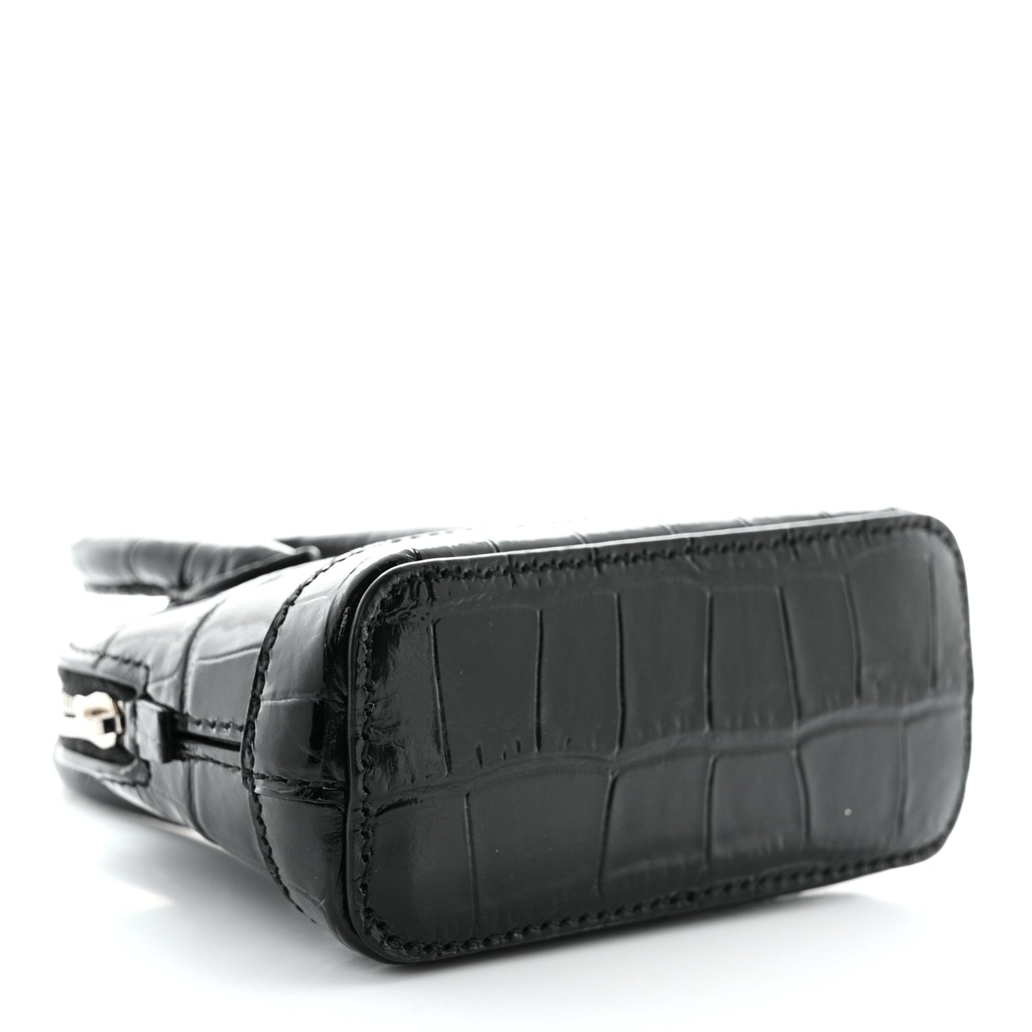 Shiny Calfskin Logo Crocodile Embossed Mini Ville Top Handle Bag Black