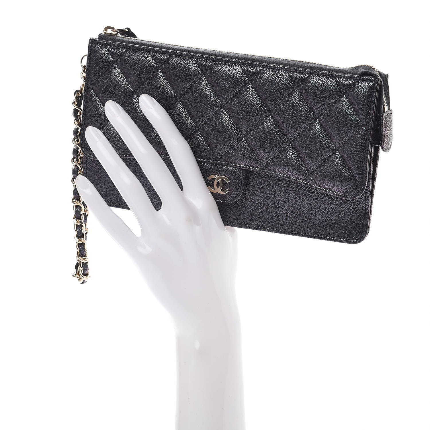 Chanel Iridescent Caviar Quilted Classic Pouch With Handle Black 2 of 8
