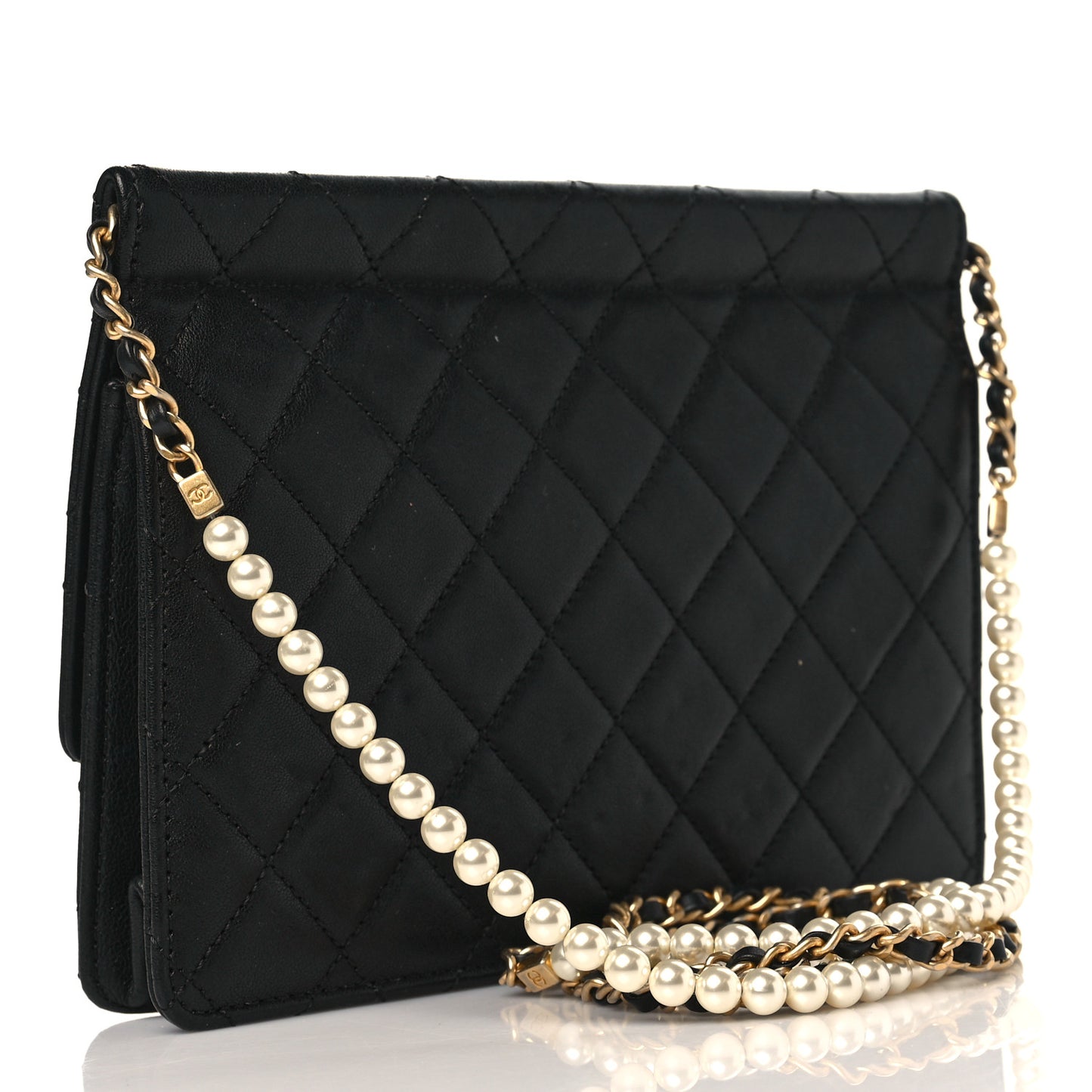 Lambskin Quilted Large Pearl Chain Flap Bag Black