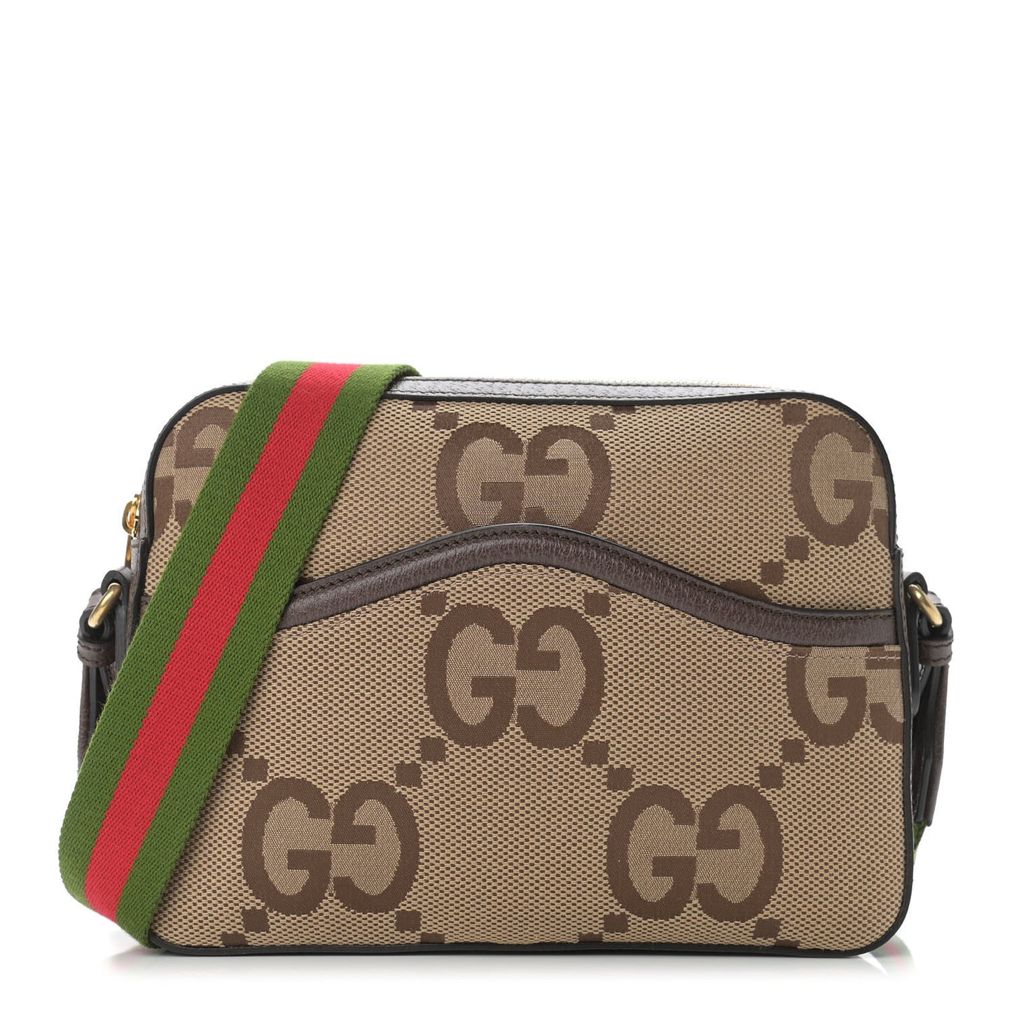 Monogram Jumbo GG Textured Dollar Calfskin Web Messenger Shoulder Bag Camel Ebony New Acero