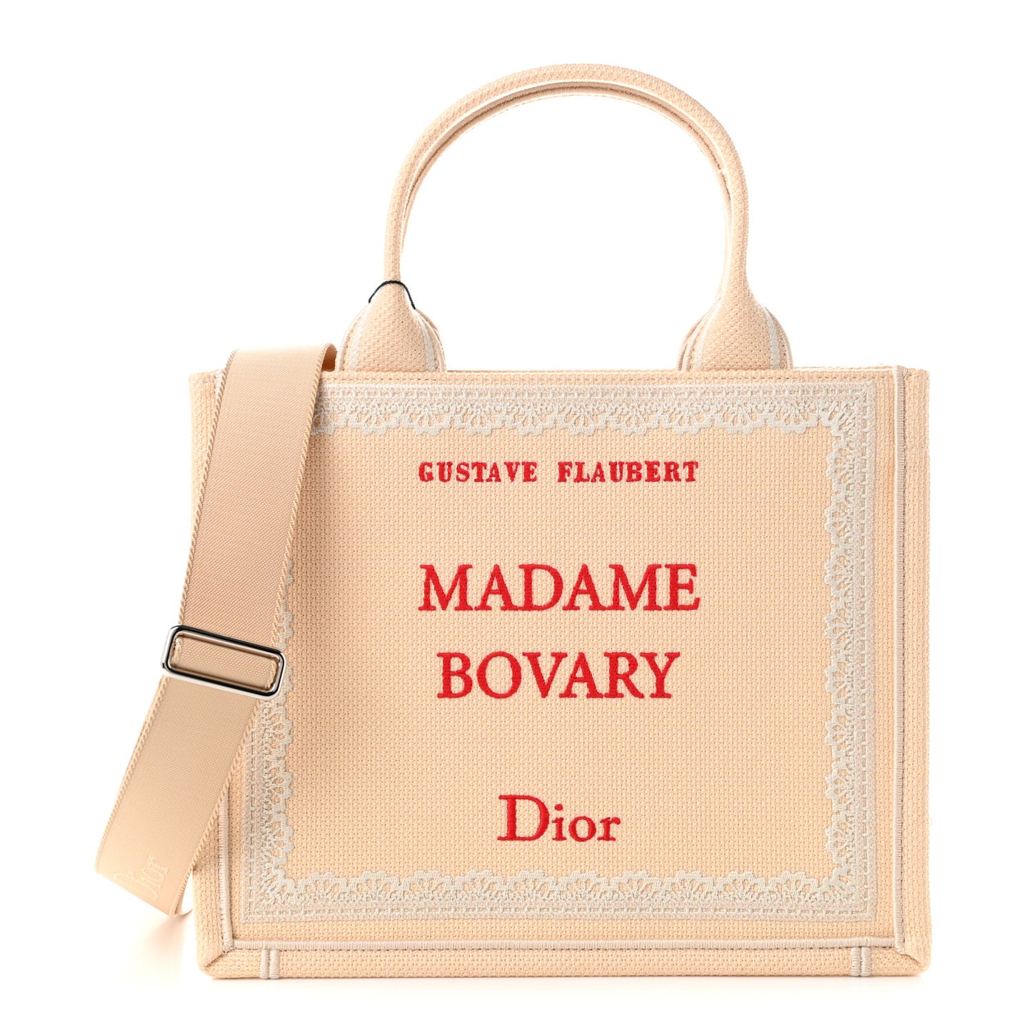 Oblique Embroidered Lace Dior Madame Bovary Small Book Tote With Strap Beige Red