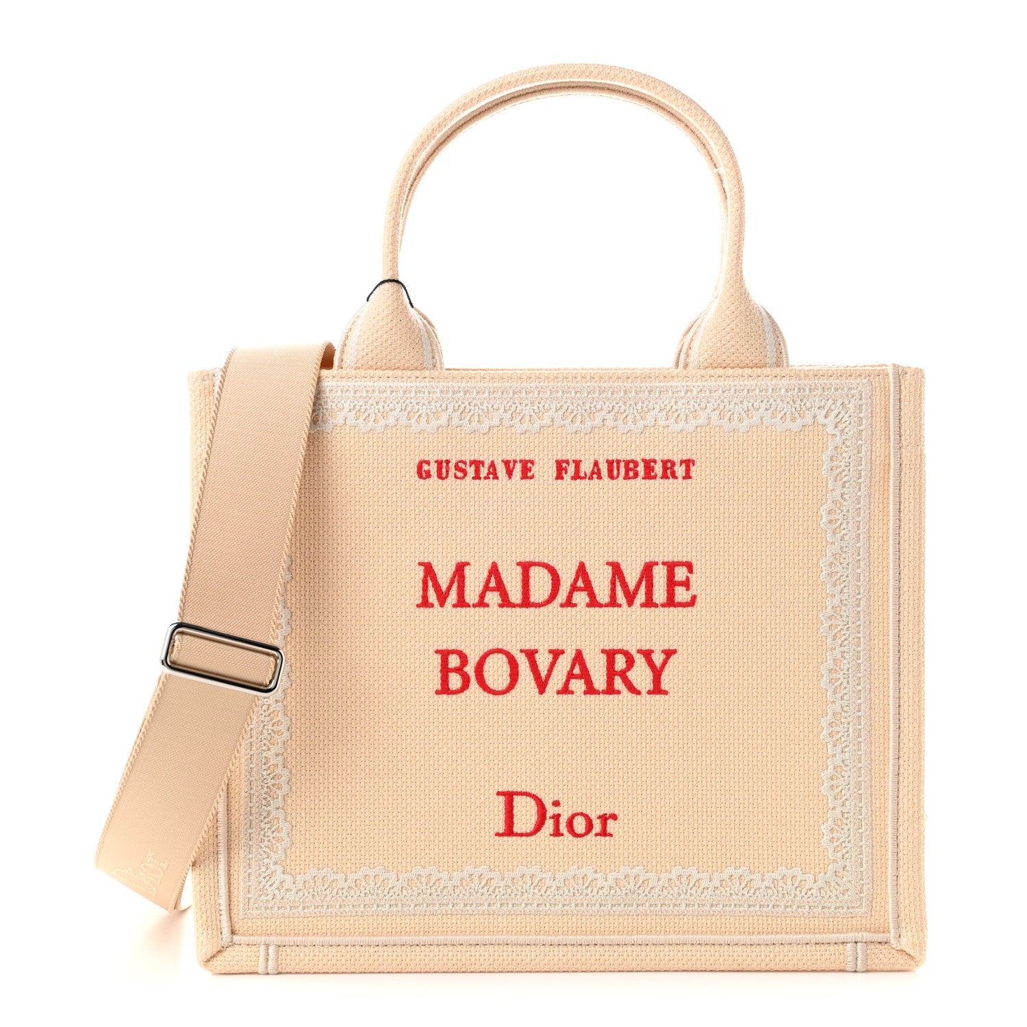 Christian Dior Oblique Embroidered Lace Dior Madame Bovary Small Book Tote With Strap Beige Red 1 of 11