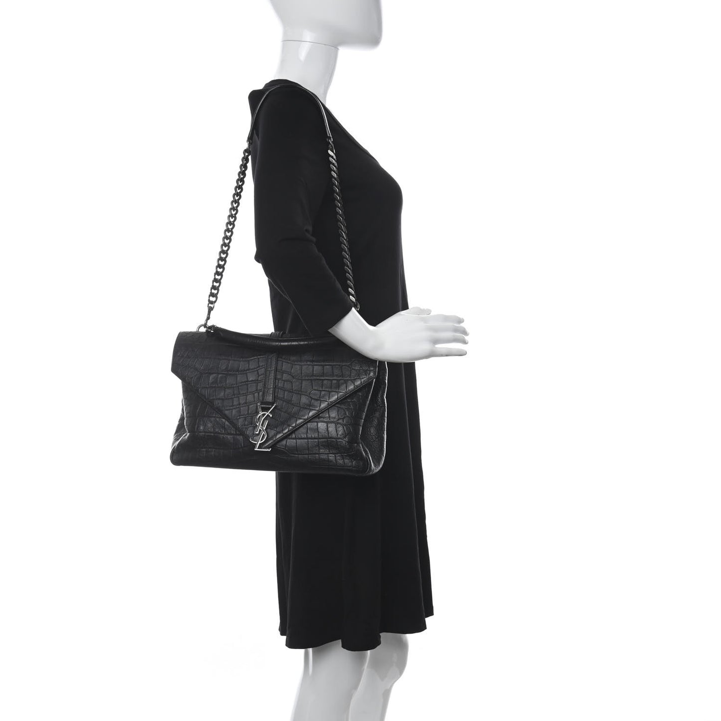 Calfskin Crocodile Embossed Monogram Large College Satchel Black