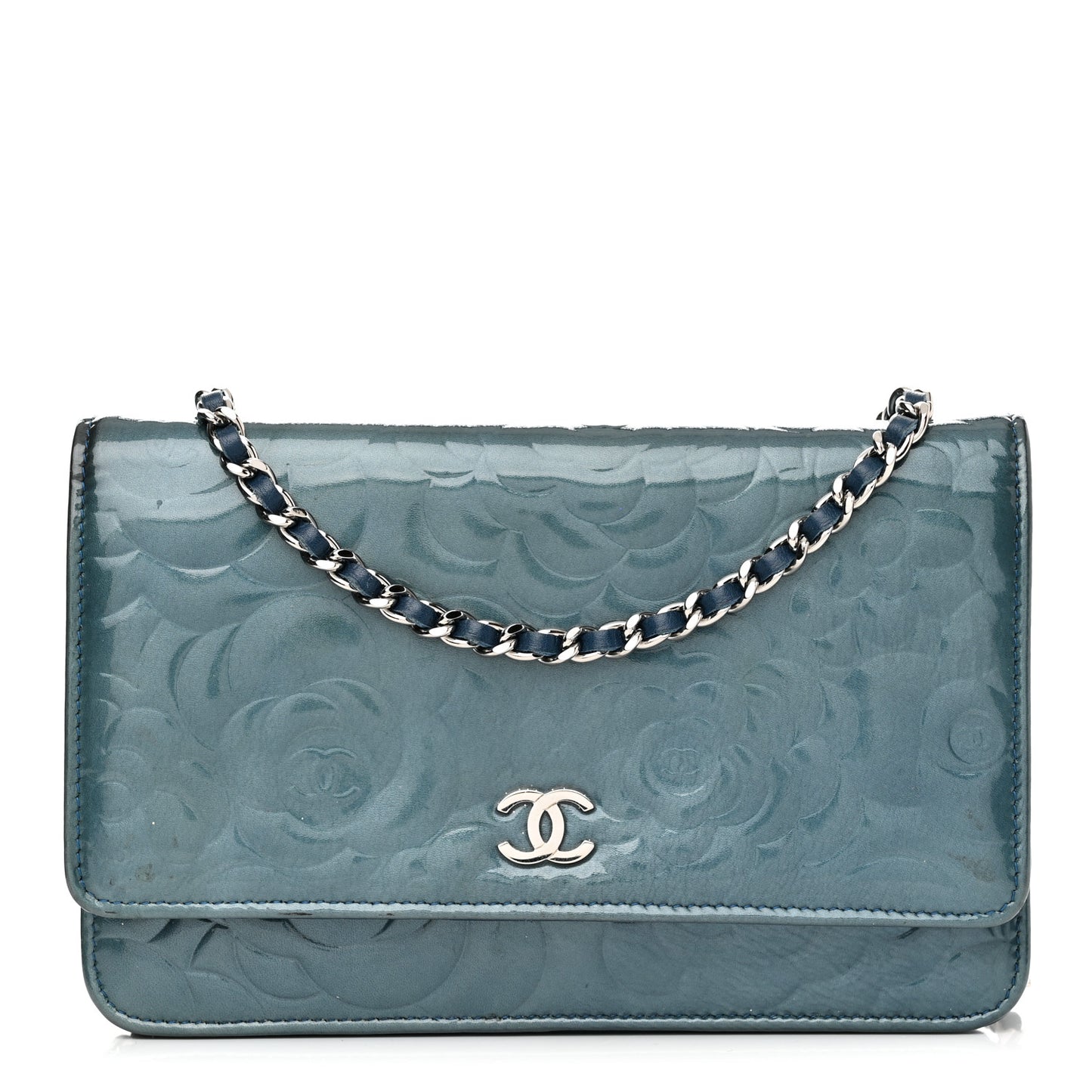 Patent Camellia Wallet on Chain WOC Royal Blue