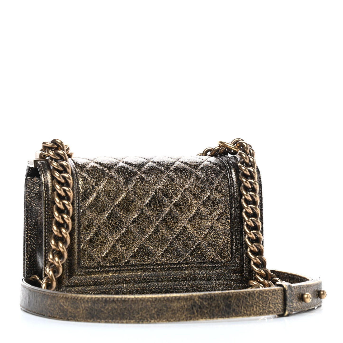 Cracked Metallic Calfskin Quilted Small Boy Flap Gold