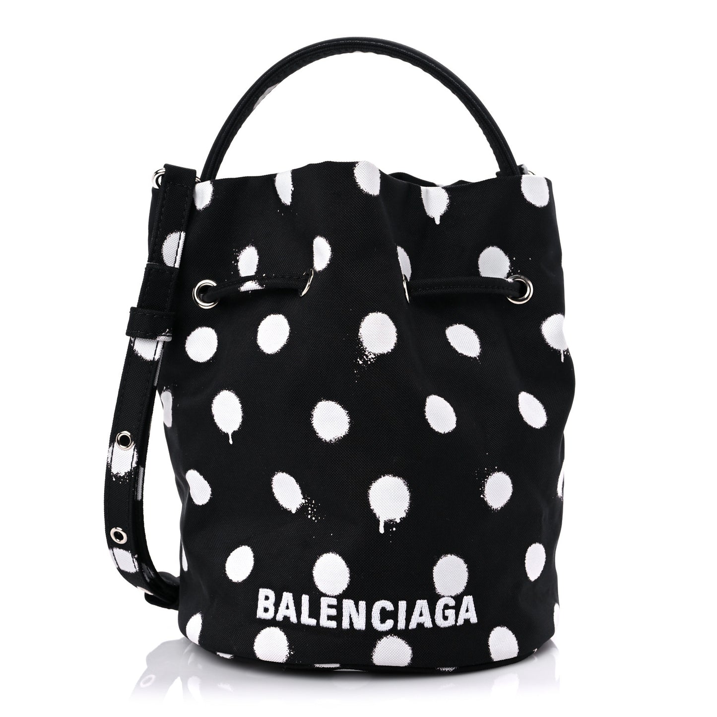 Recycled Sport Nylon Polka Dot Logo Embroidered Wheel Drawstring Bucket Bag Black White