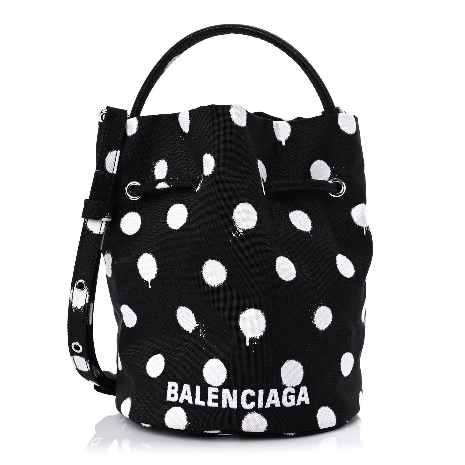 Balenciaga Recycled Sport Nylon Polka Dot Logo Embroidered Wheel Drawstring Bucket Bag Black White 1 of 9