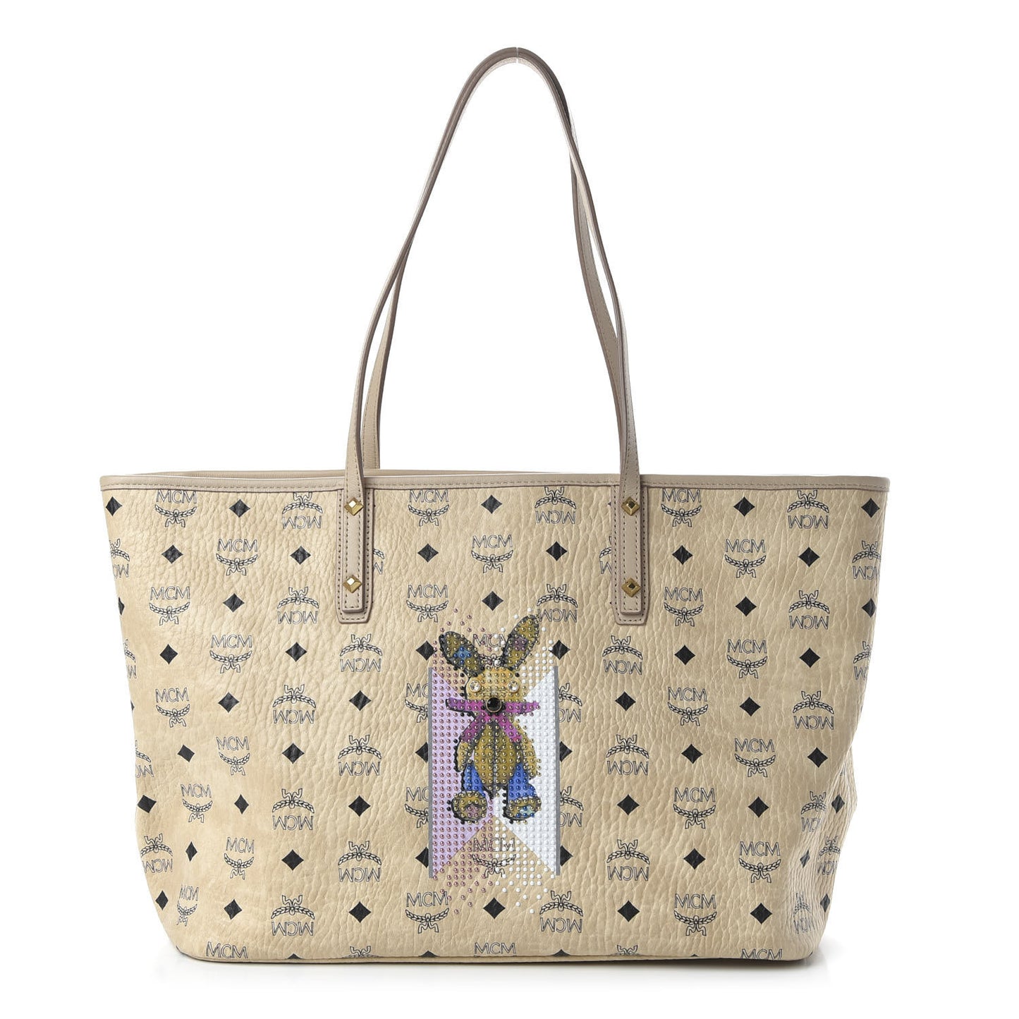 Visetos Medium Studded Rabbit Top Zip Shopper Tote Beige