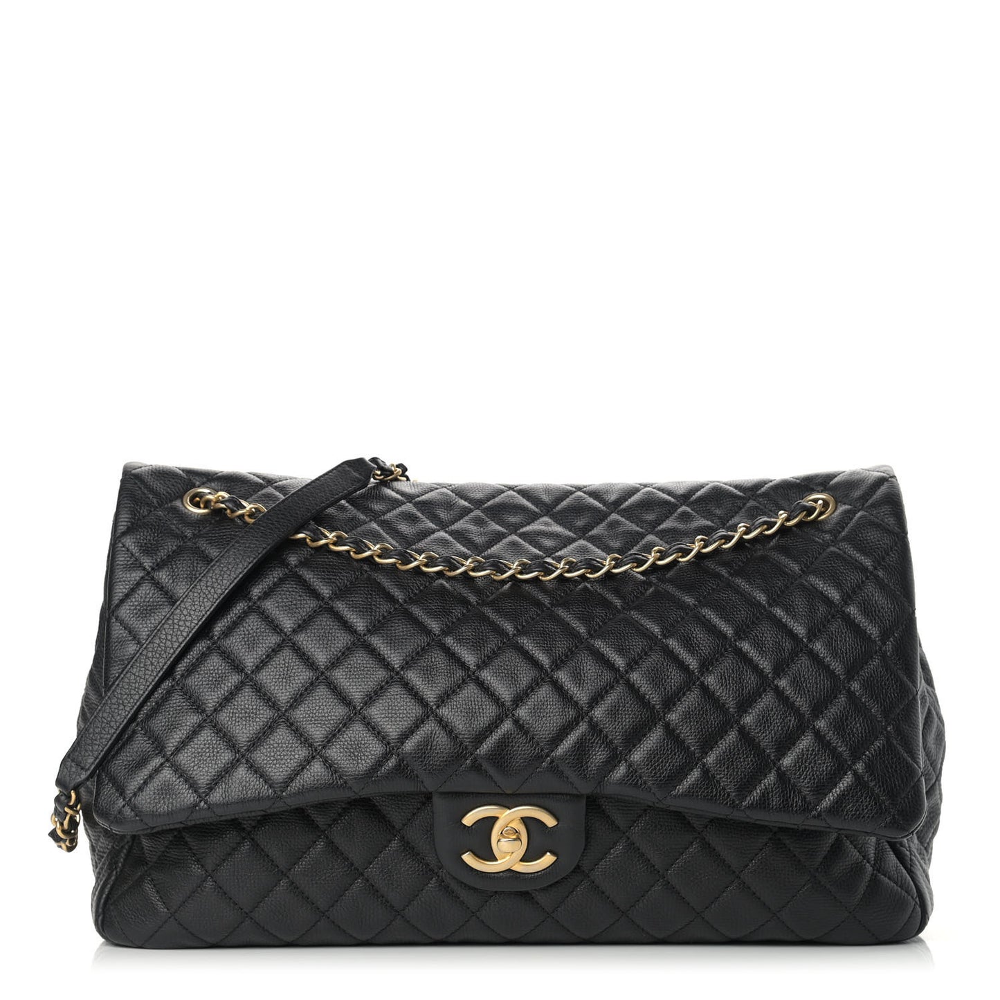 Calfskin Quilted XXL Travel Flap Bag Black