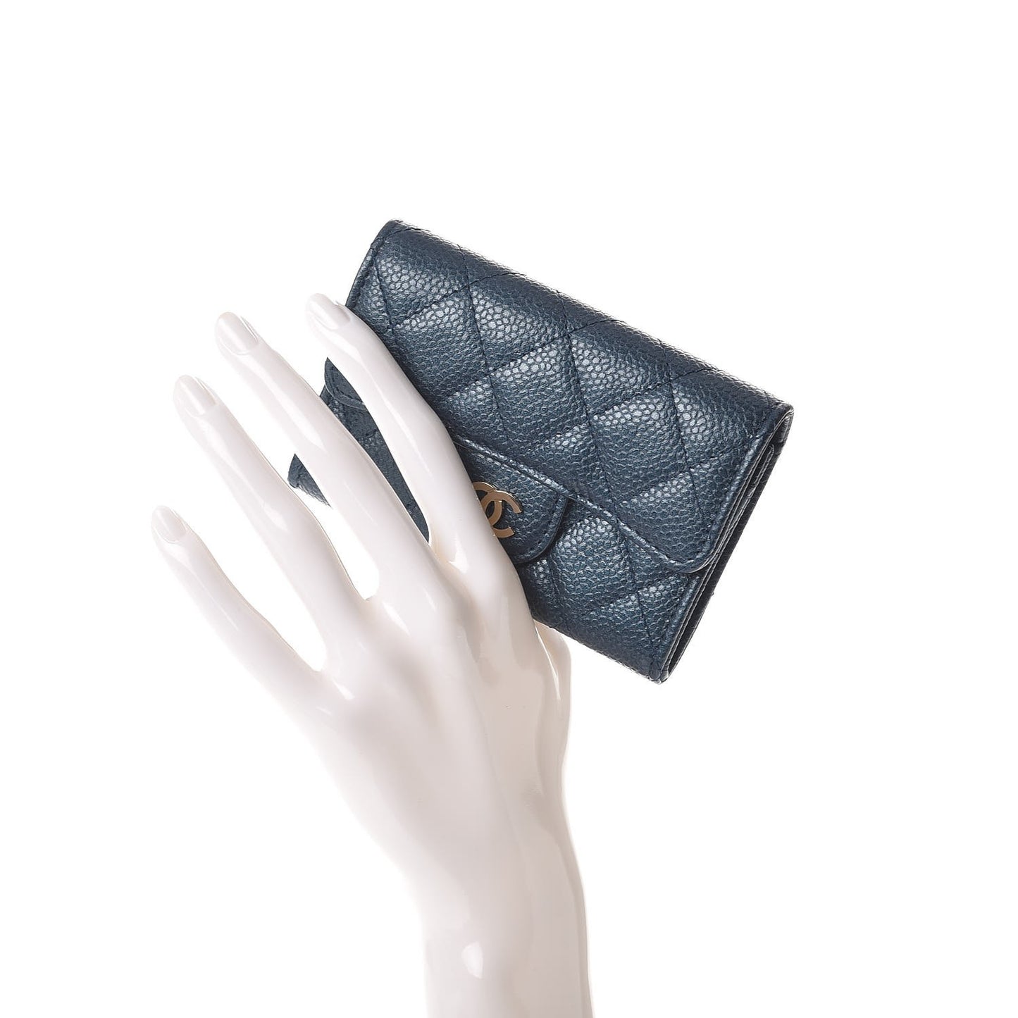 Metallic Caviar Quilted Flap Card Holder Dark Blue
