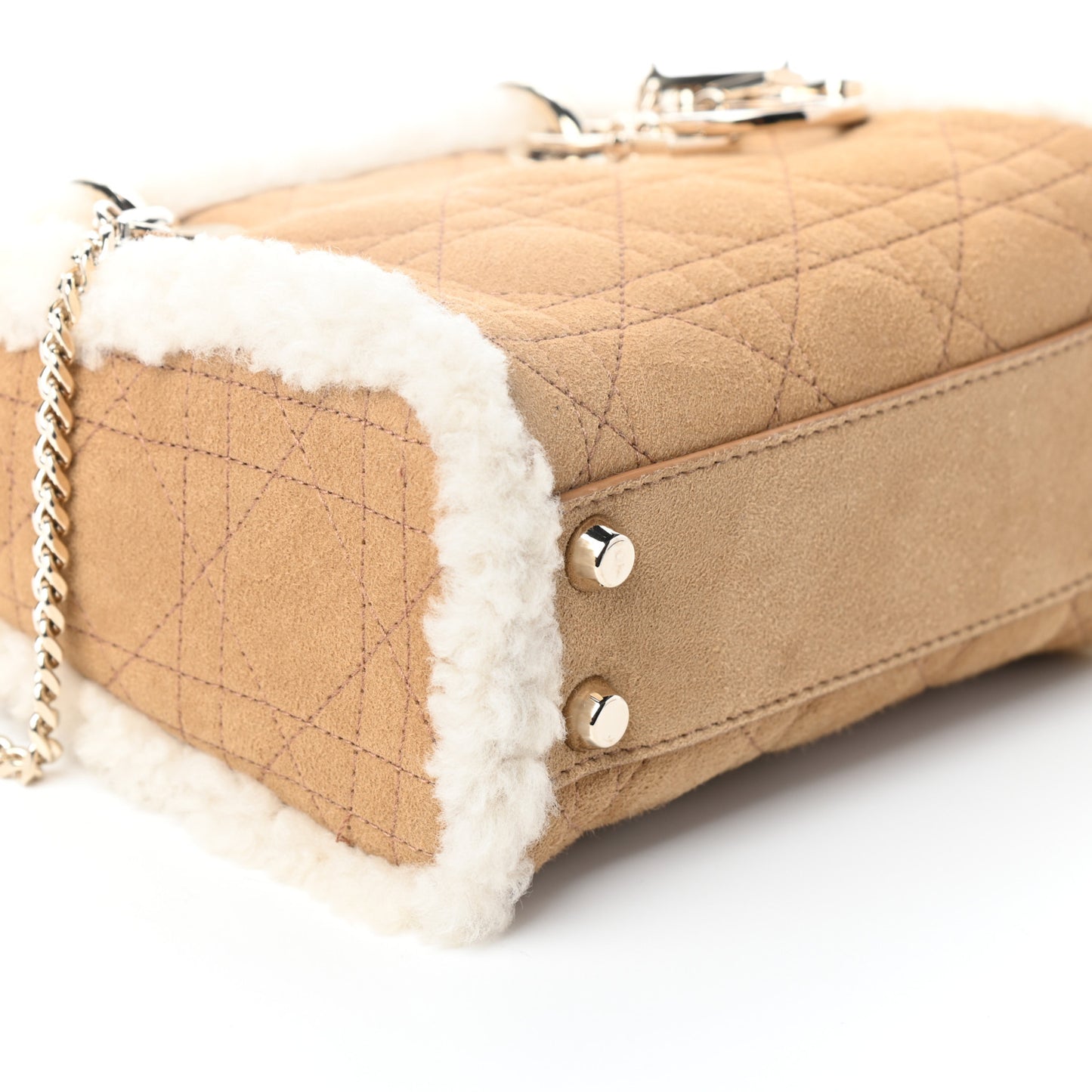 Suede Shearling Cannage Mini Lady Dior Camel