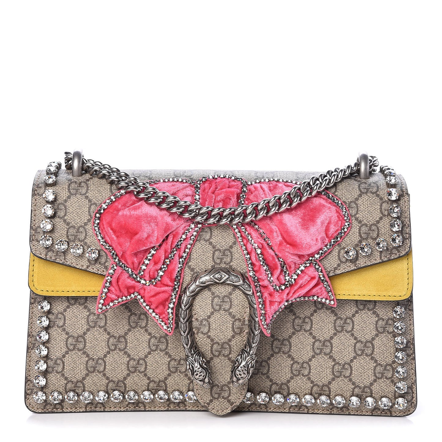 GG Supreme Monogram Crystal Bow Embroidered Small Dionysus Shoulder Bag Yellow