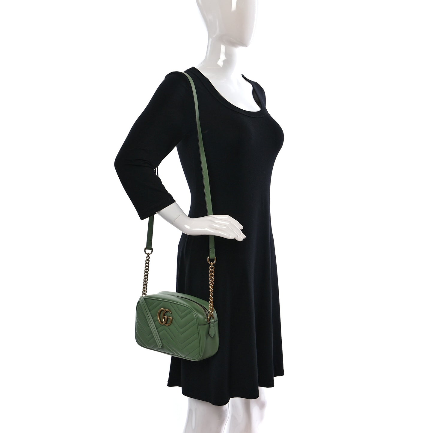 Calfskin Matelasse Chevron Small GG Marmont Chain Shoulder Bag Salamander Green