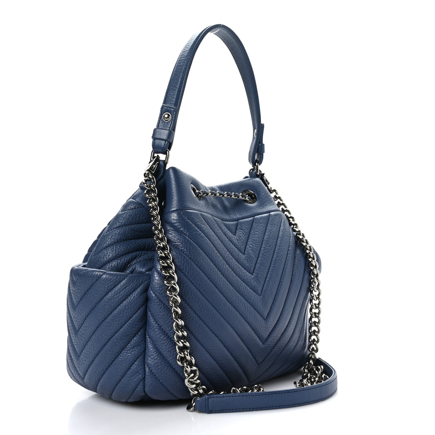 Deerskin Chevron Medium CC Chain Bucket Drawstring Bag Navy Blue