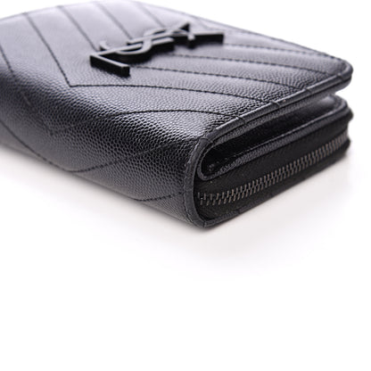 Saint Laurent Grain De Poudre Matelasse Chevron Monogram Compact Zip Around Wallet Black 11 of 11
