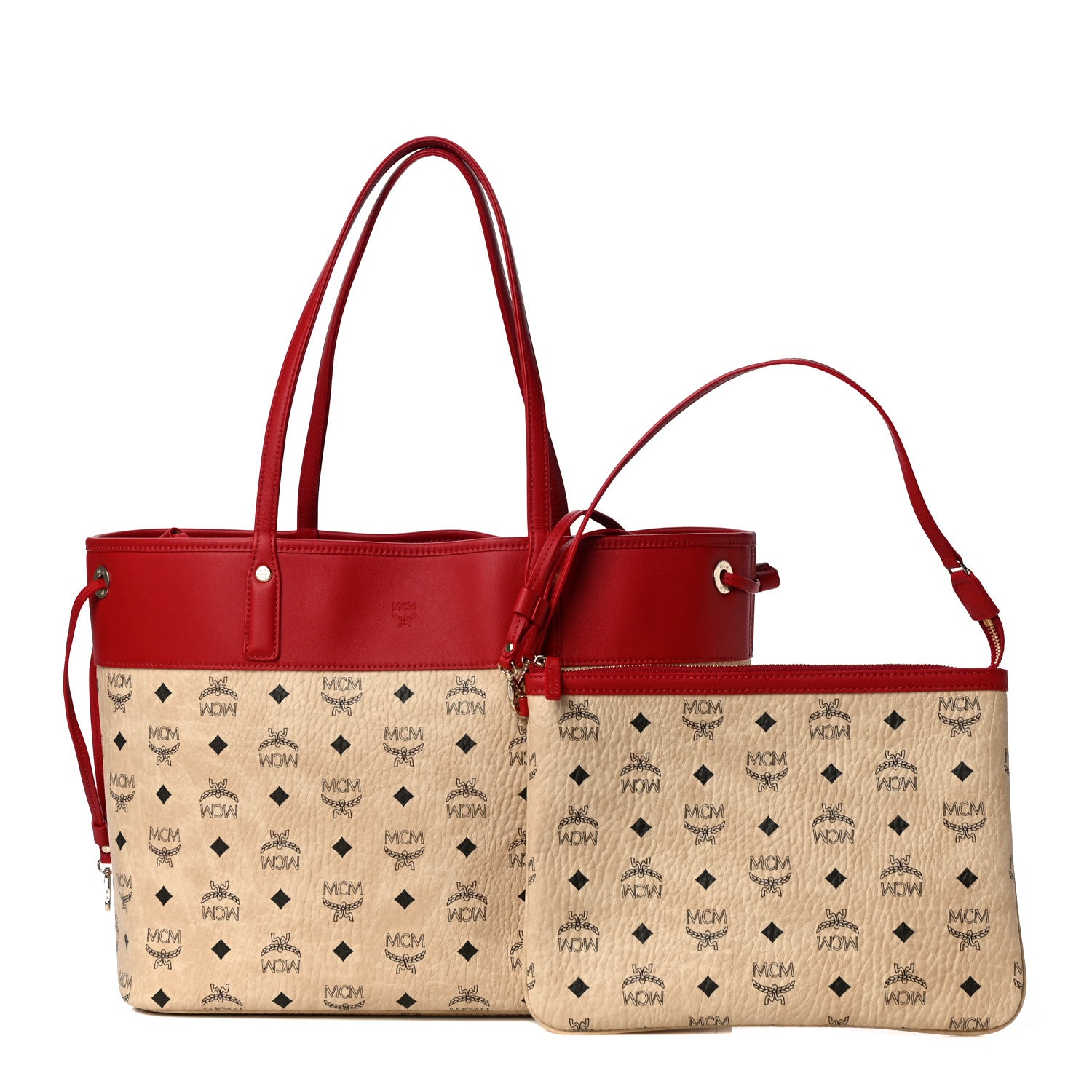 MCM Visetos Shopper Tote Beige Red 1 of 12