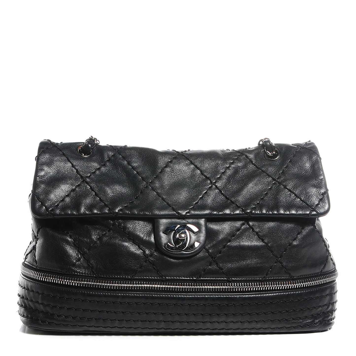 Calfskin Large Expandable Flap Bag Black