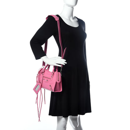 Balenciaga Shiny Supple Calfskin Crocodile Embossed Classic Silver Hardware Mini City Baby Pink 2 of 32