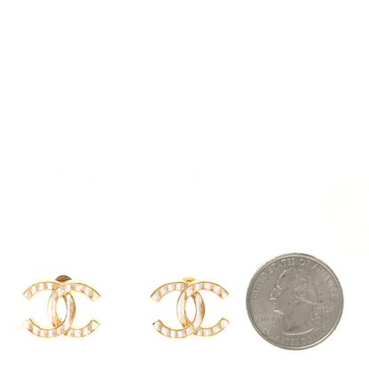 Chanel Metal CC Earrings Gold White 2 of 4