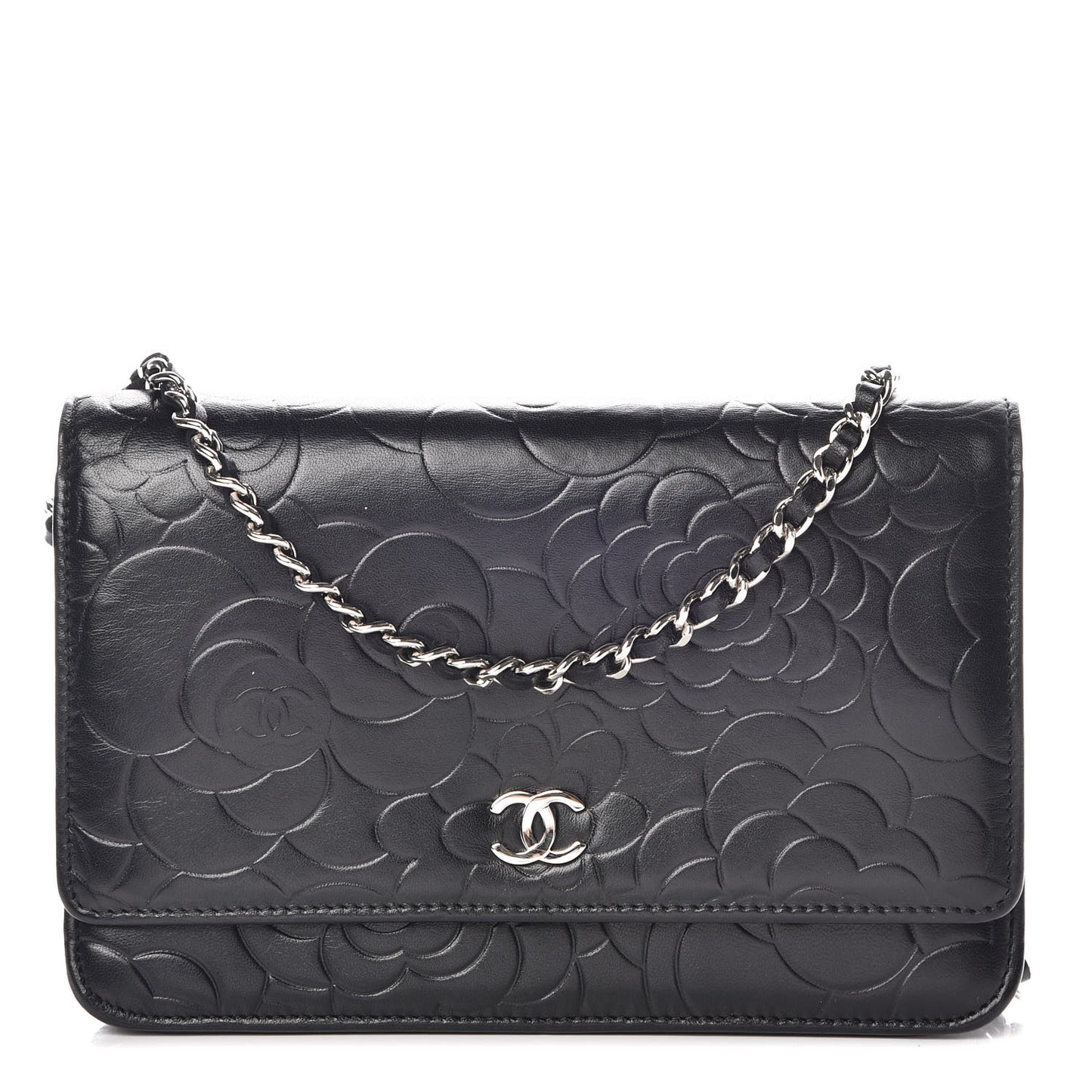 Lambskin Camellia Embossed Wallet on Chain WOC Black
