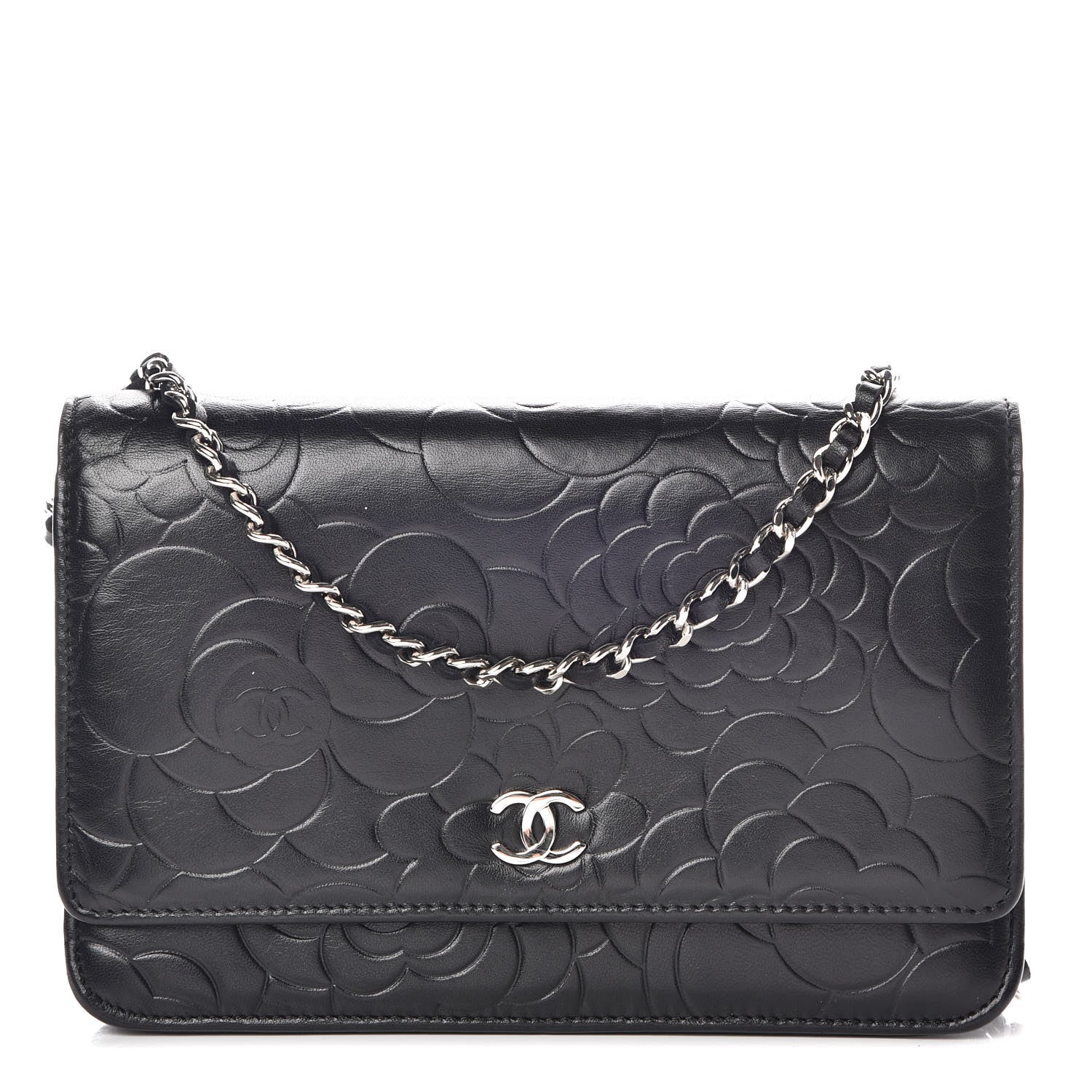 Chanel Lambskin Camellia Embossed Wallet on Chain WOC Black 1 of 10