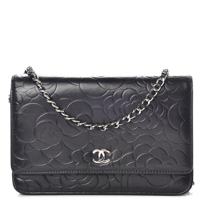 Chanel Lambskin Camellia Embossed Wallet on Chain WOC Black 1 of 10
