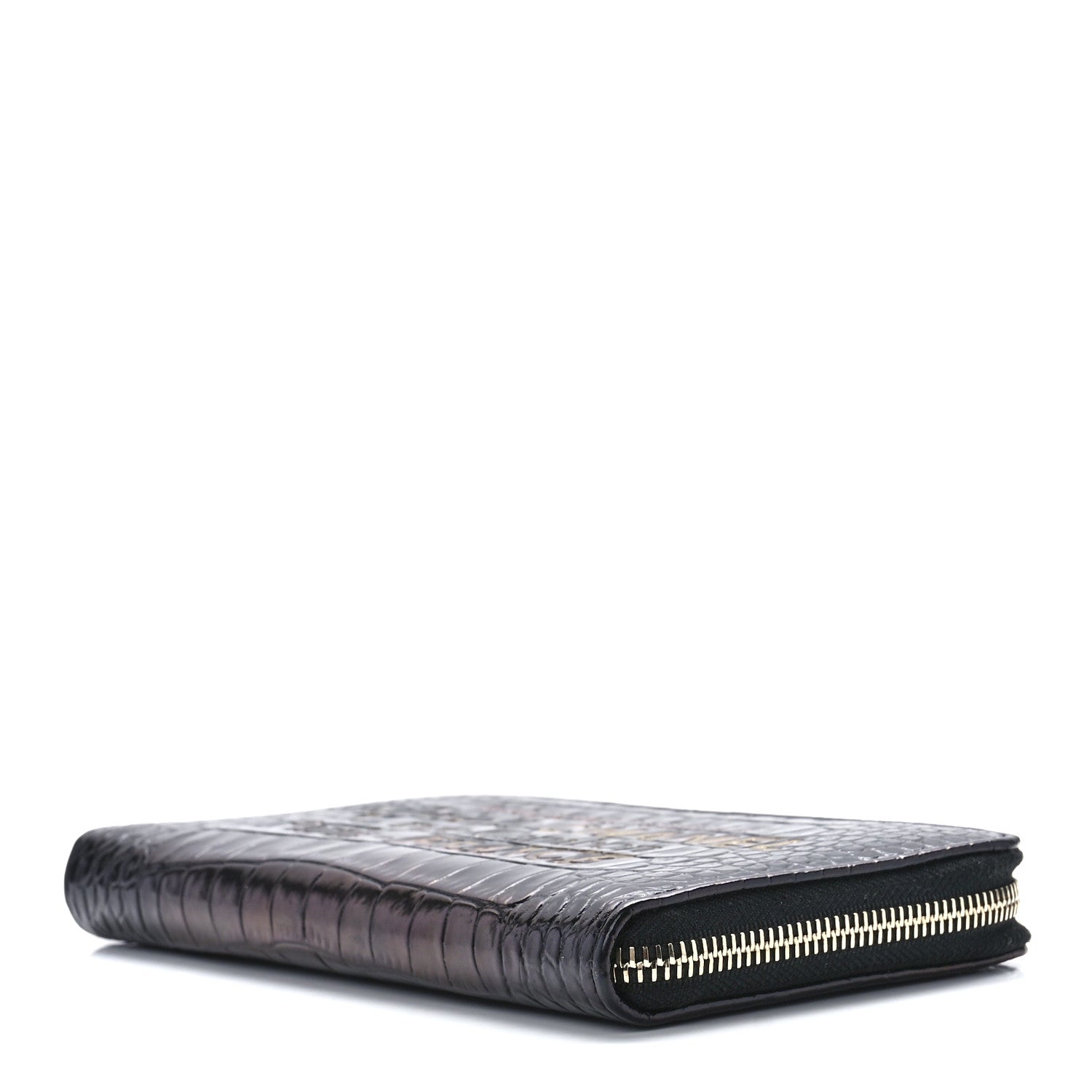 Chanel Calfskin Crocodile Embossed Mademoiselle Gabrielle Zip Wallet Black Gold 10 of 12