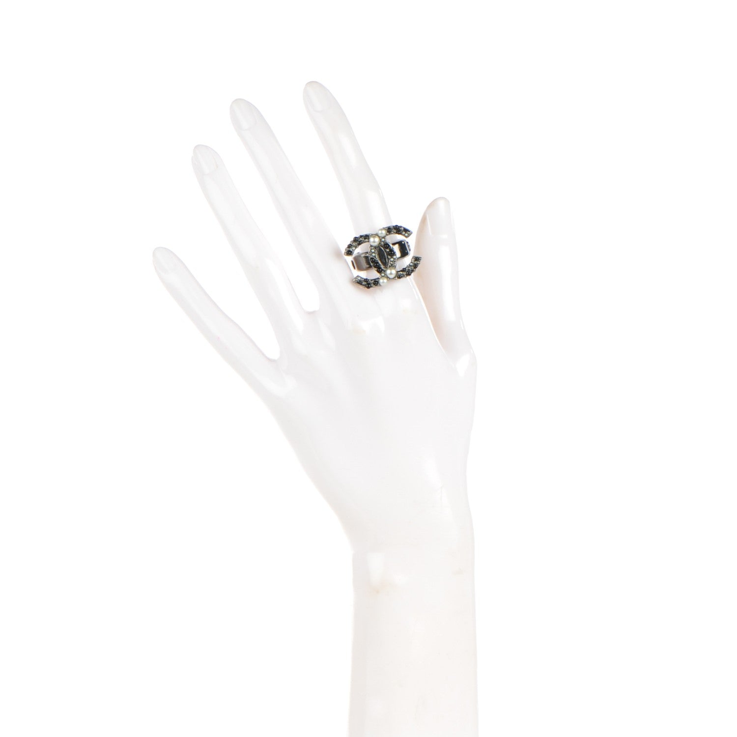 Chanel Ruthenium Pearl Beaded CC Ring 6 Black 2 of 4