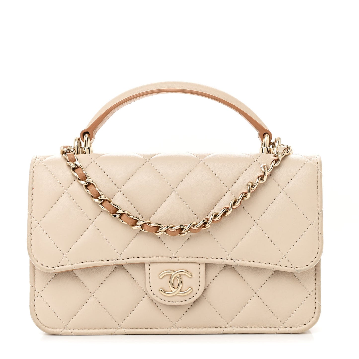 Lambskin Quilted Flap Phone Holder With Chain Beige Brown