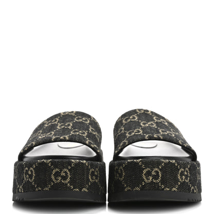 Gucci Jacquard Black Denim GG Monogram Angelina Platform 55mm Slide Sandals 36 Black Ivory 3 of 10