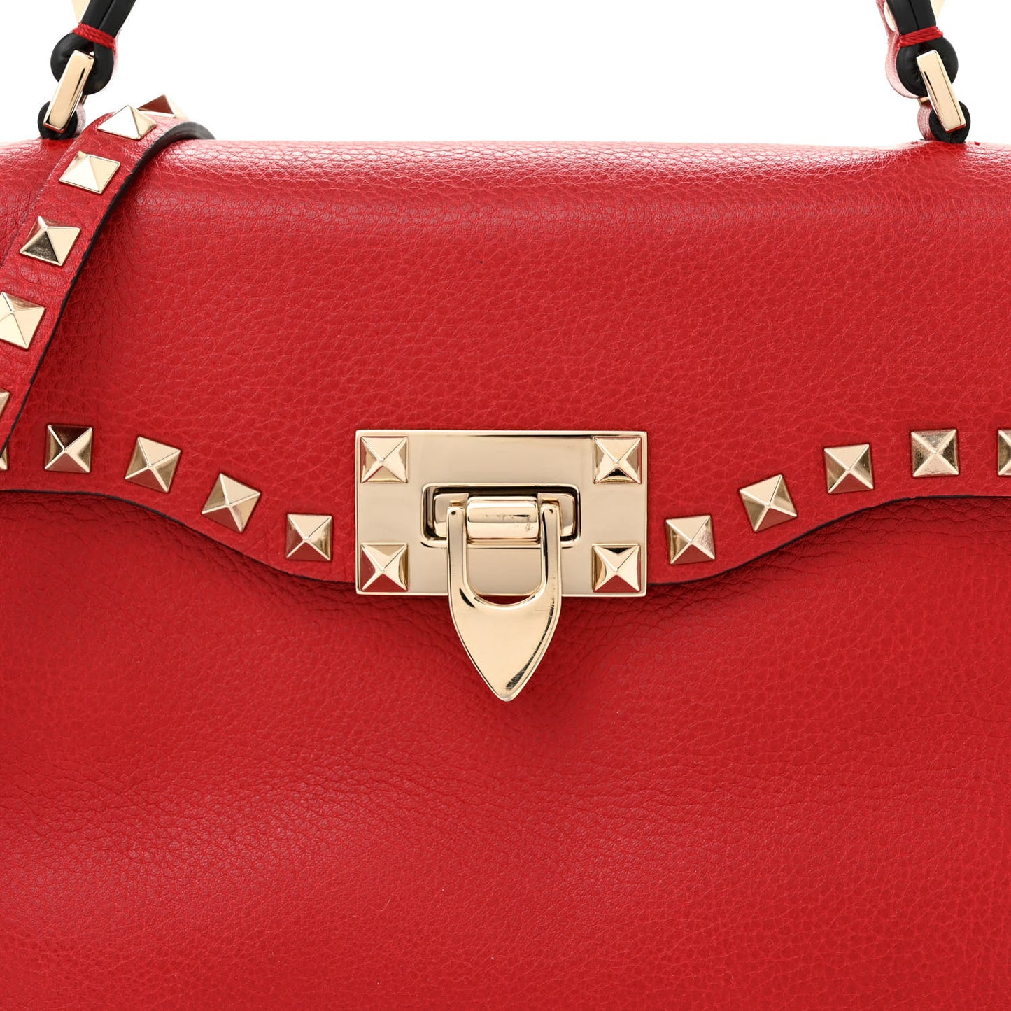 Pebbled Calfskin Medium Rockstud Top Handle Shoulder Bag Red