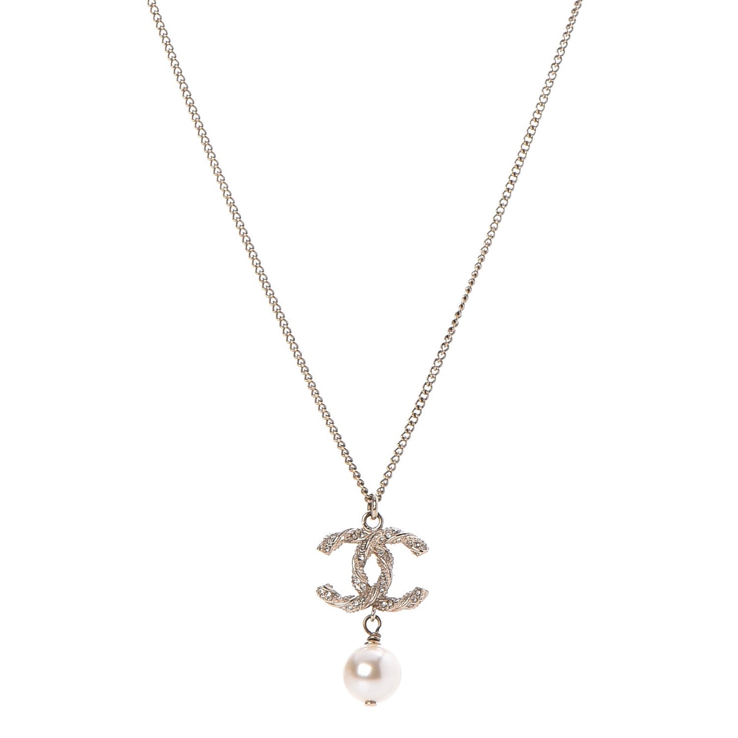 Pearl Crystal CC Drop Necklace Gold
