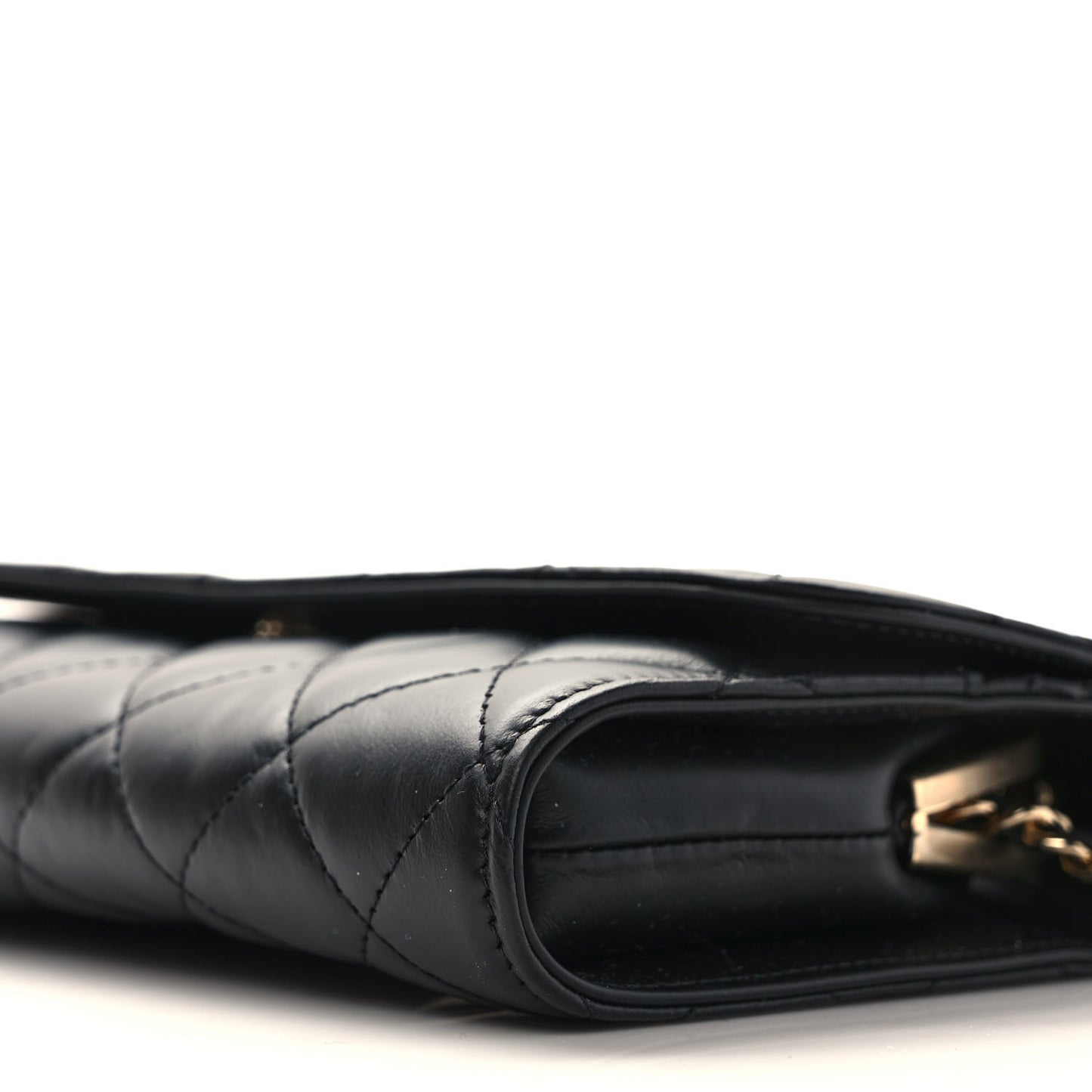 Shiny Calfskin Quilted Flap Phone Holder With Chain Black