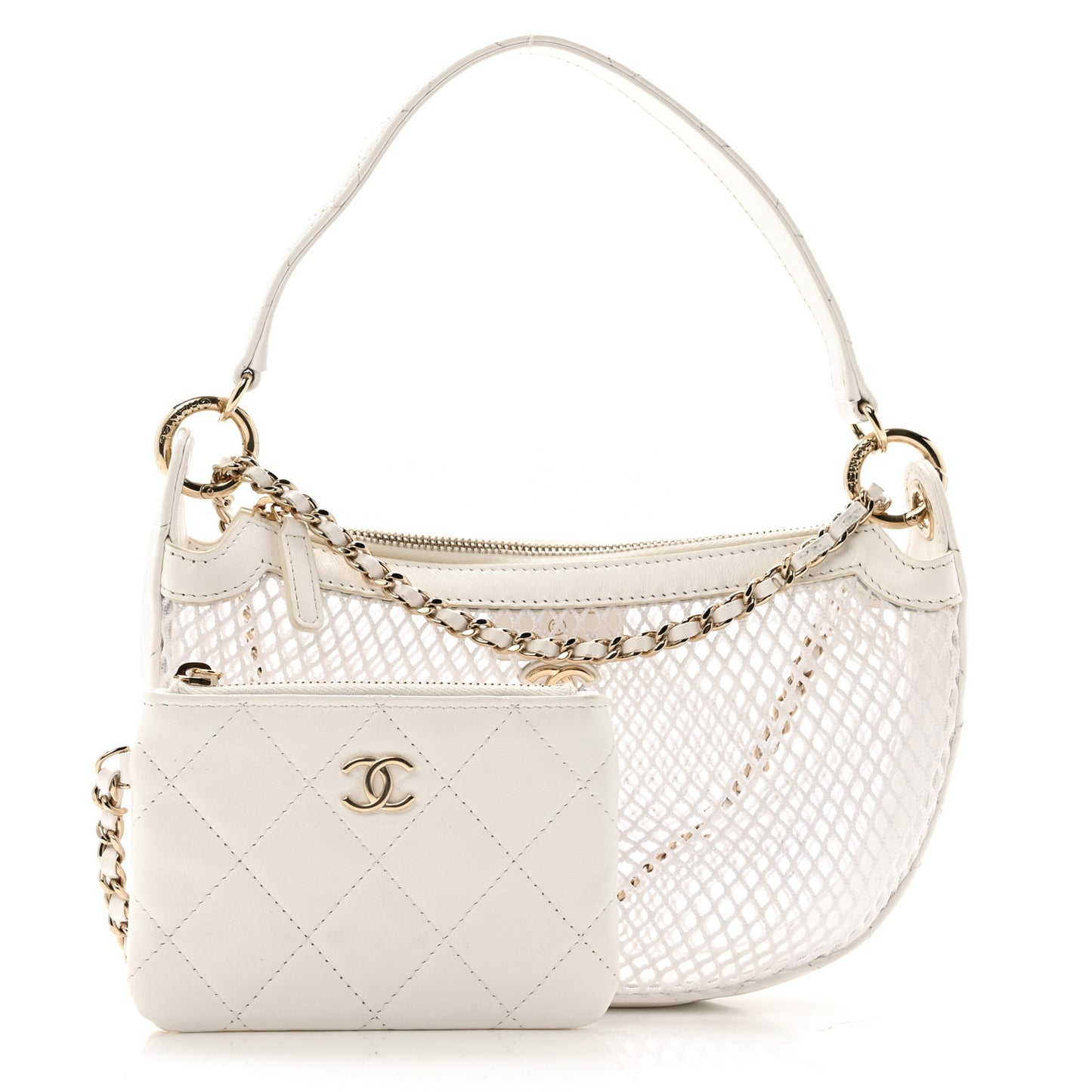 Mesh Shiny Lambskin Chain Hobo White