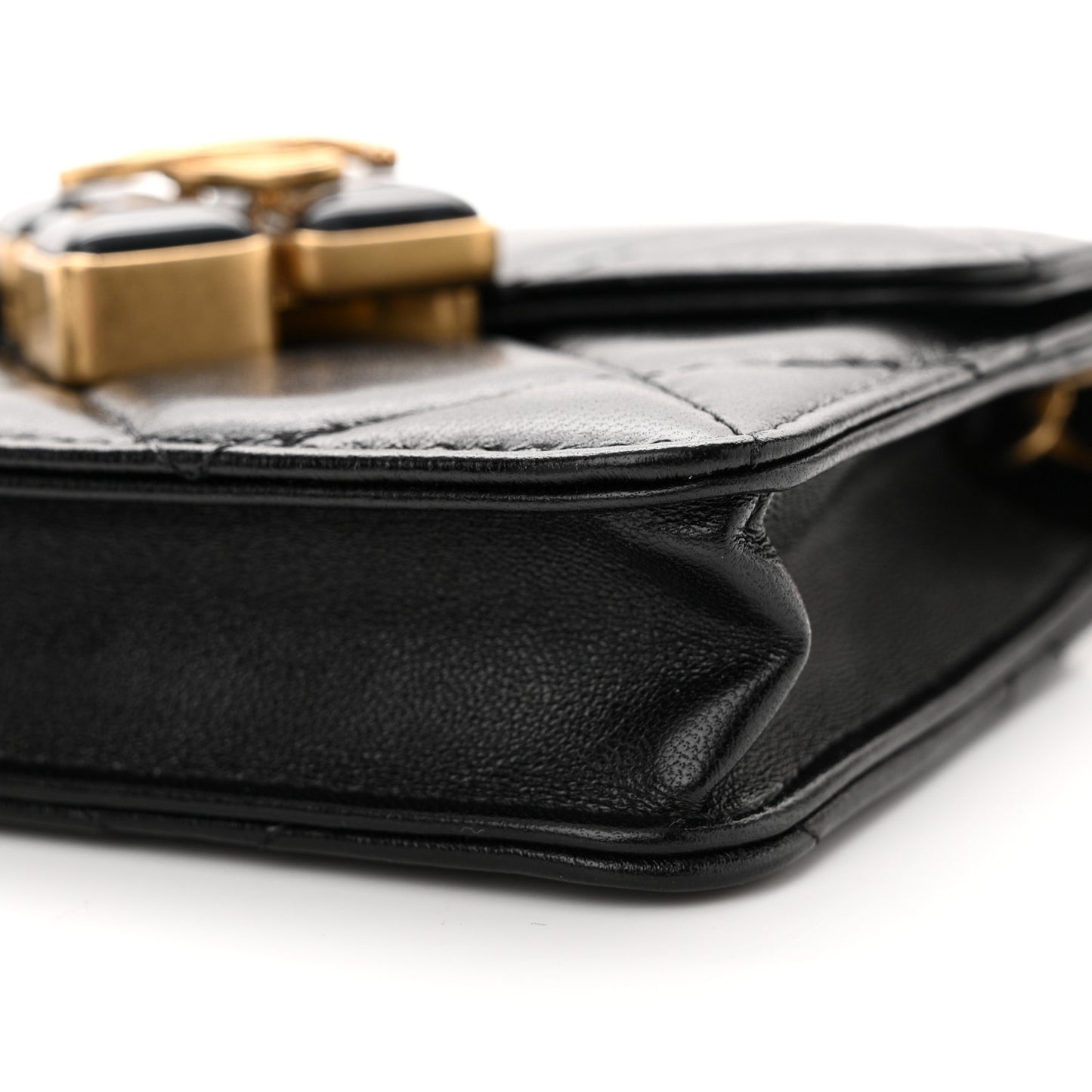 Lambskin Quilted Diamond Lock Card Holder On Chain Black