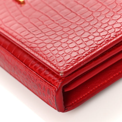 Saint Laurent Calfskin Crocodile Embossed Monogram Chain Wallet New Lipstick Red 8 of 13