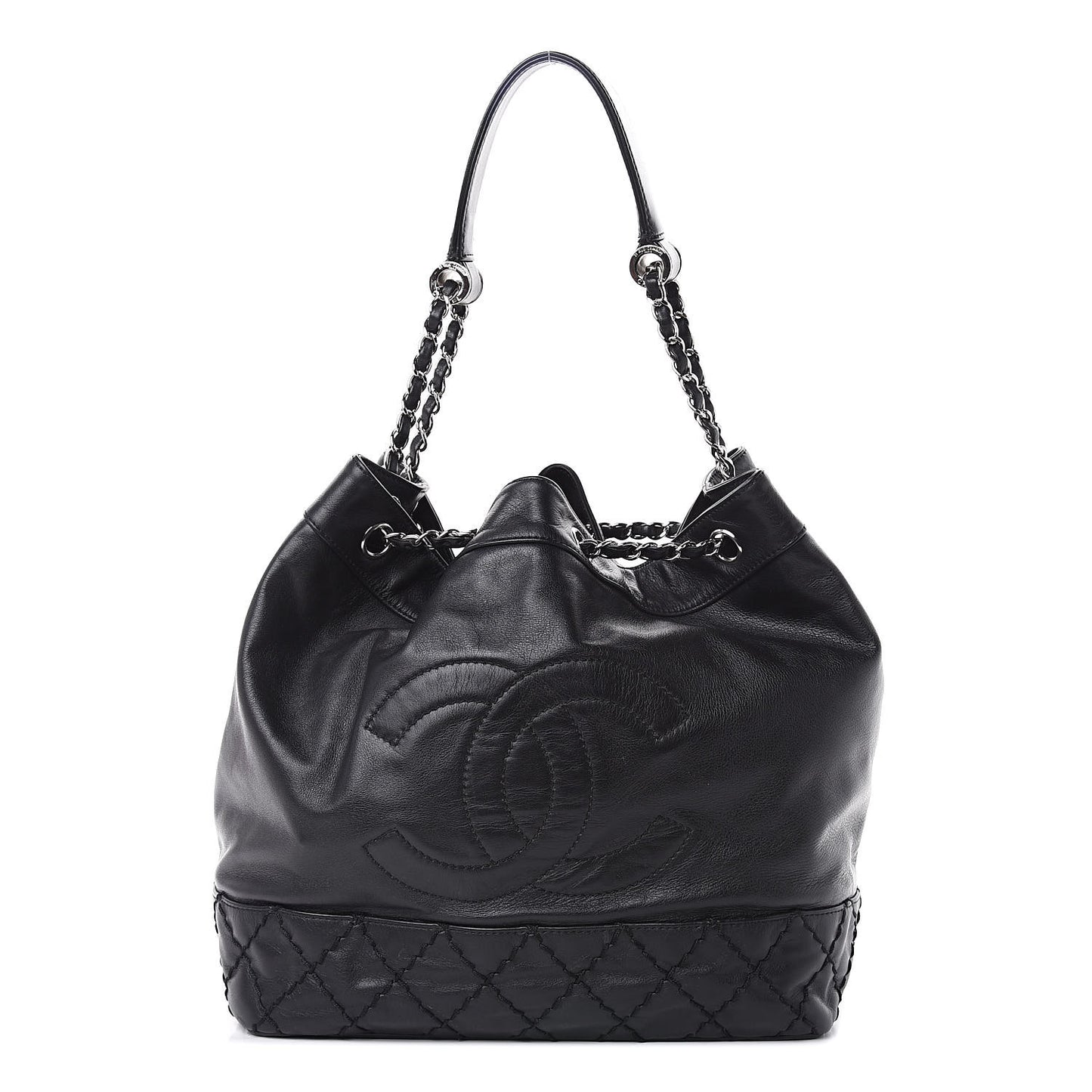 Calfskin Drawstring CC Bucket Bag Black