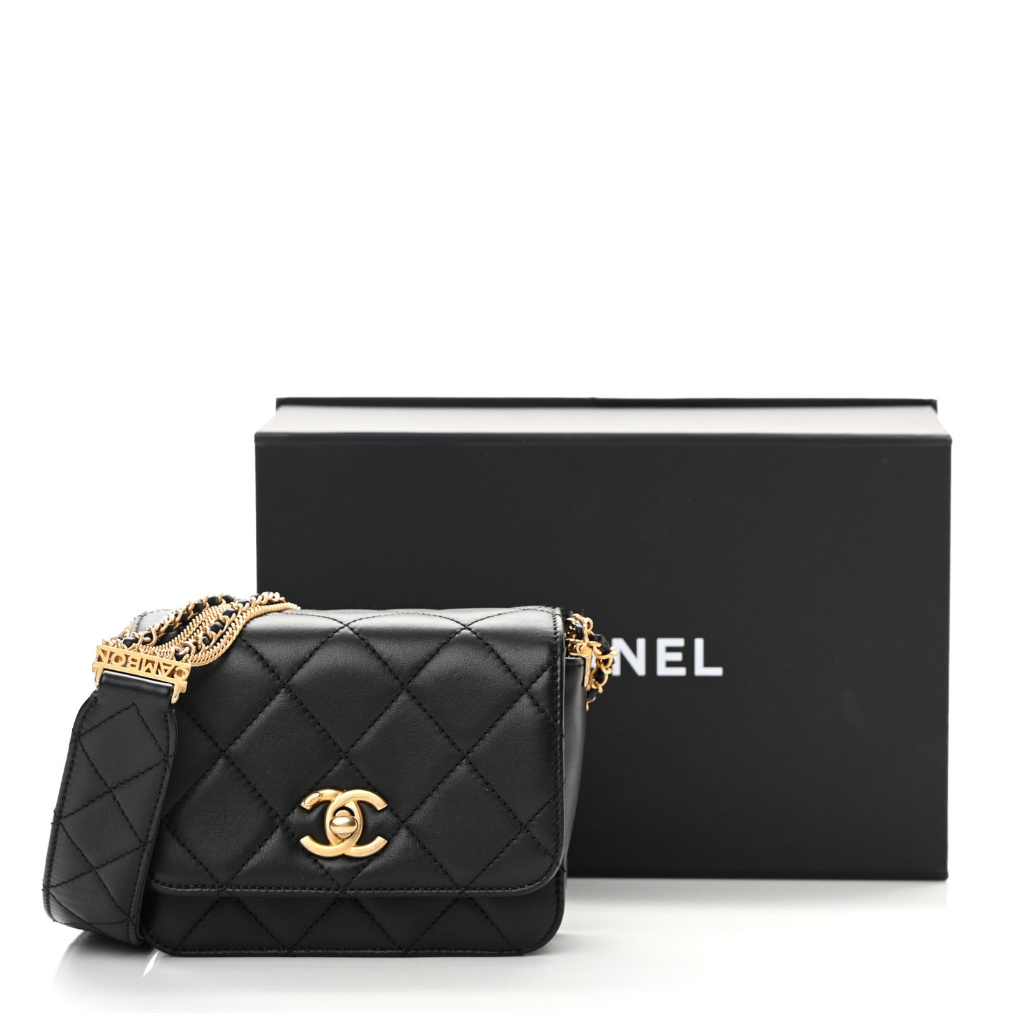 Lambskin Quilted Small Multiple Chain Flap Black
