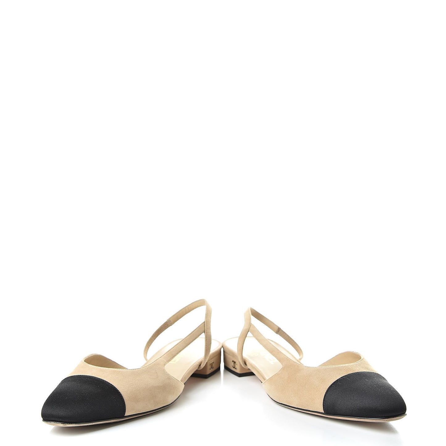 Kid Suede Satin Cap Toe CC Slingback Pumps 39 Beige Black