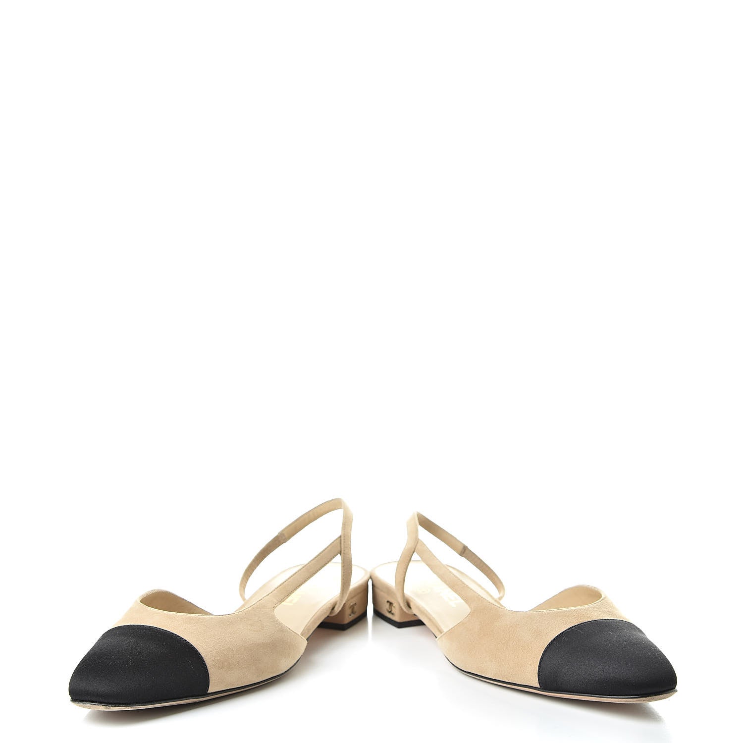 Chanel Kid Suede Satin Cap Toe CC Slingback Pumps 39 Beige Black 6 of 11