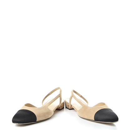 Chanel Kid Suede Satin Cap Toe CC Slingback Pumps 39 Beige Black 6 of 11