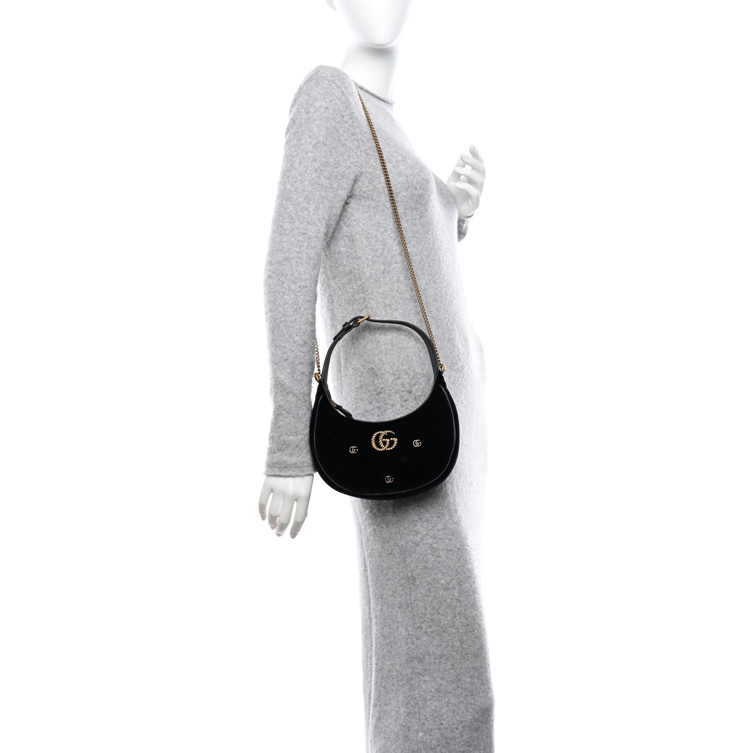 Gucci Velvet Matelasse Double G Studs Torchon GG Marmont Half Moon Hobo Black 2 of 9