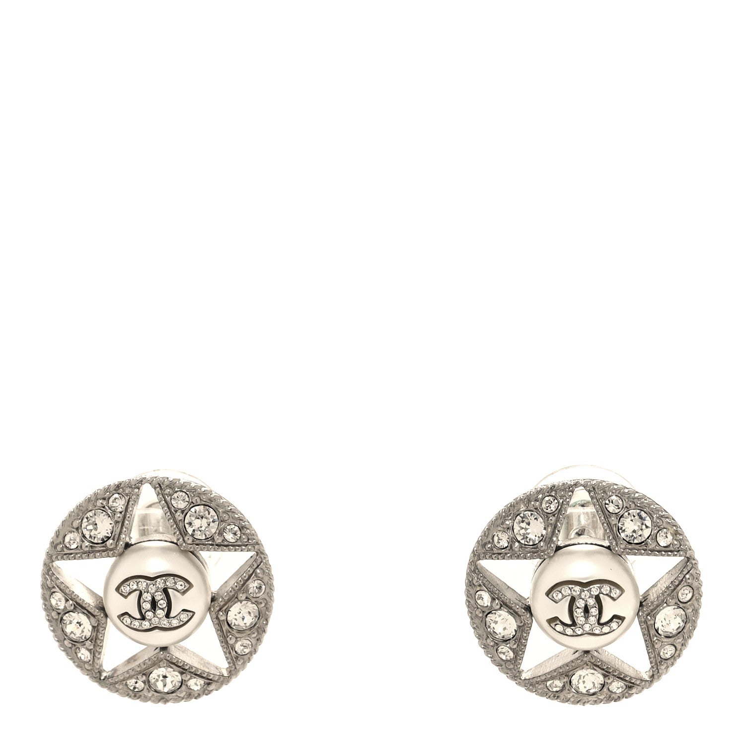 Chanel Pearl Crystal Star CC Round Earrings Silver 1 of 5