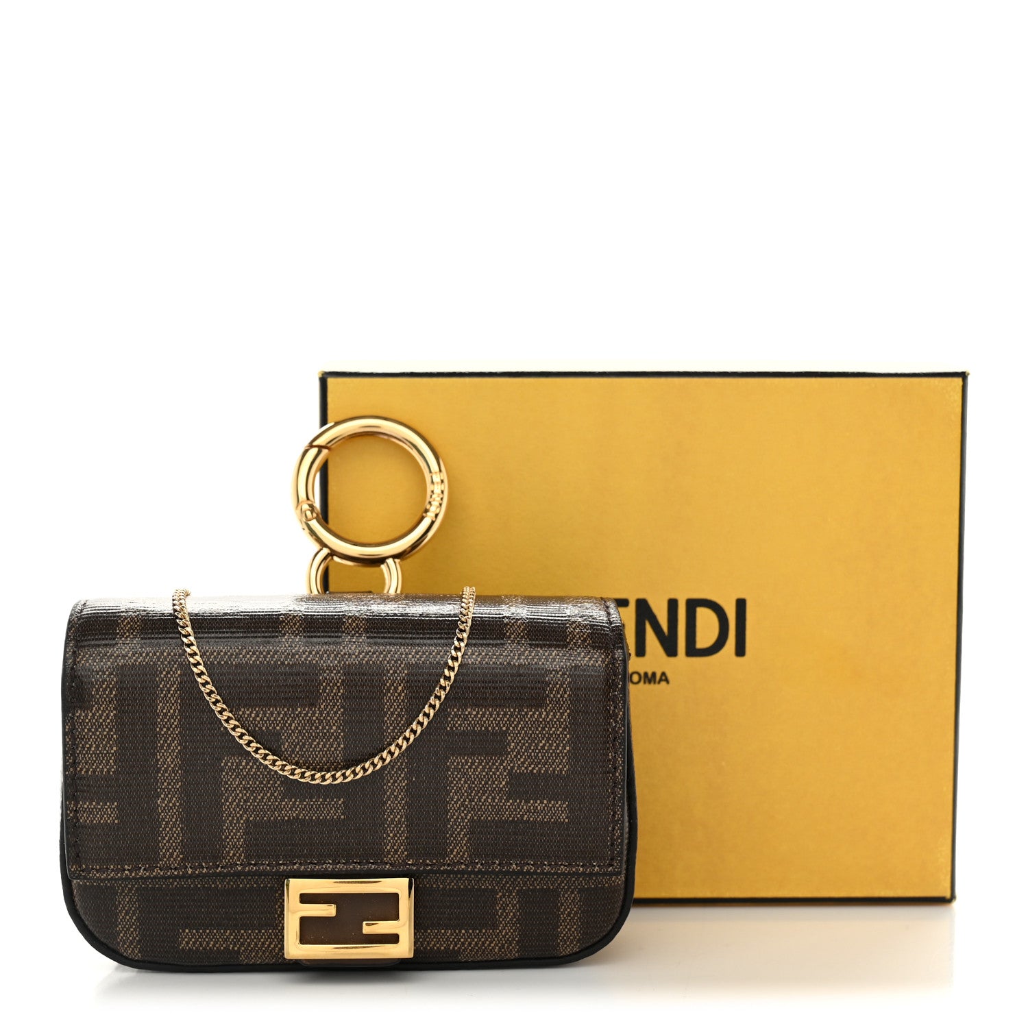 Fendi Glazed Fabric FF 1974 Nano Baguette Charm Mogano Panna 9 of 9
