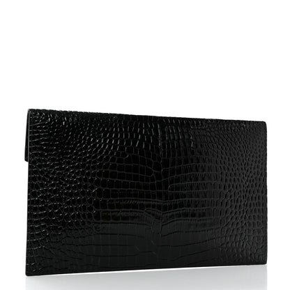 Saint Laurent Calfskin Crocodile Embossed Uptown Monogram Clutch Black 3 of 7