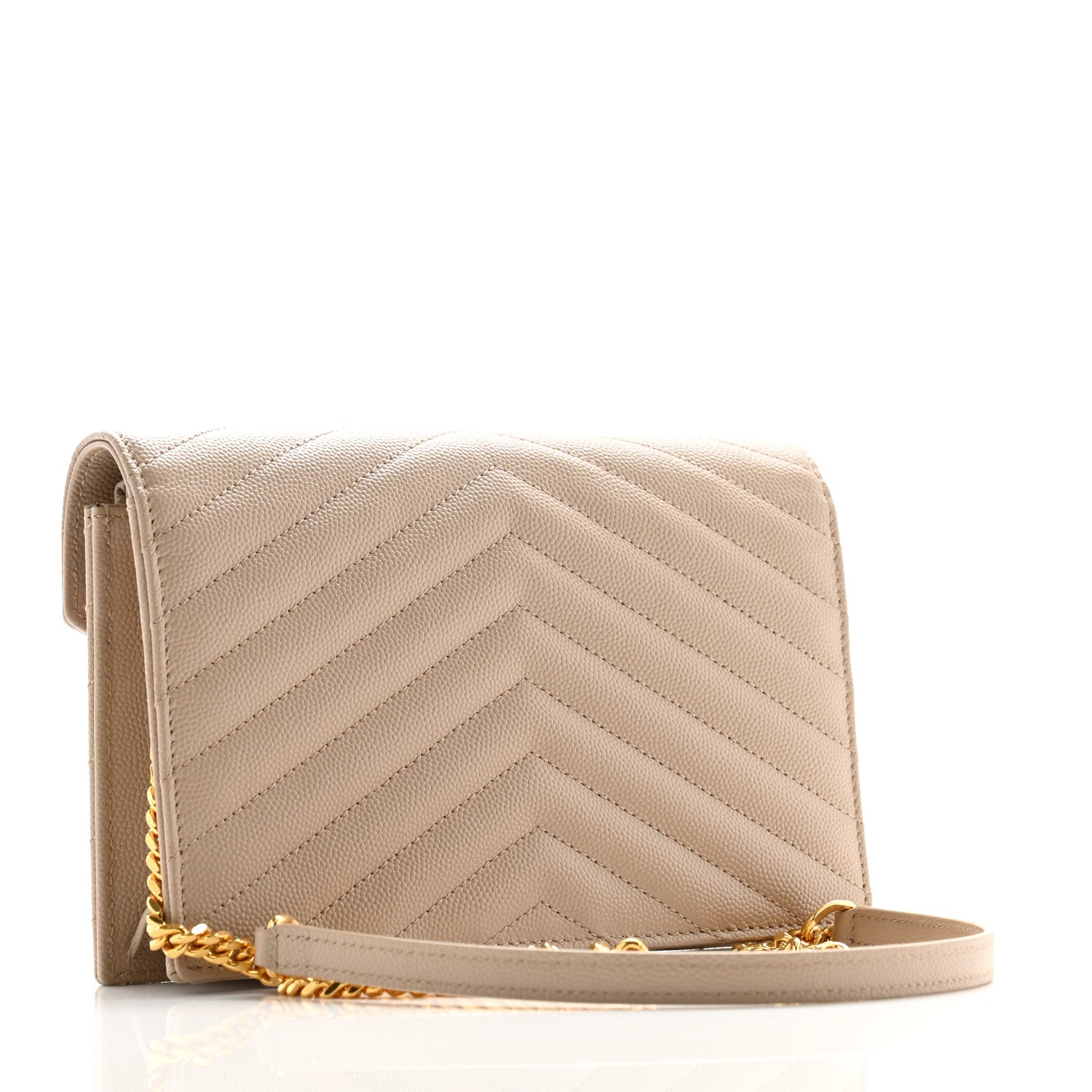 Saint Laurent Grain De Poudre Matelasse Chevron Monogram Envelope Chain Wallet Dark Beige 3 of 10