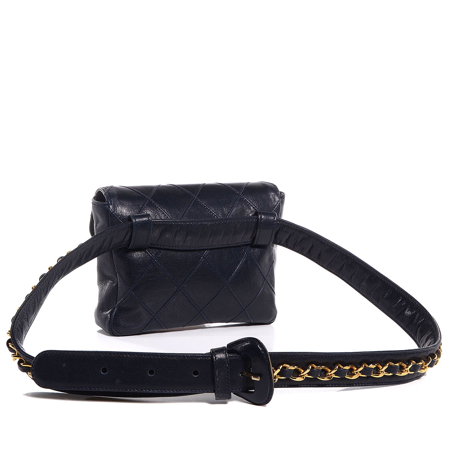 Lambskin Diamond Stitched Flap Waist Chain Belt Bag Navy